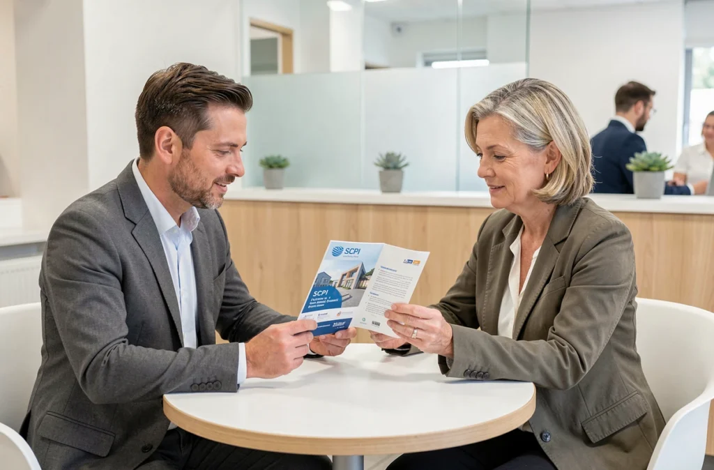 Un conseiller bancaire et un client étudiant ensemble une brochure d'investissement SCPI dans une agence bancaire moderne