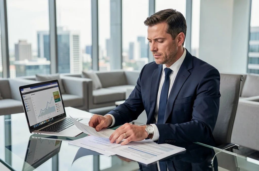 Conseiller financier analysant des documents de rendement pour un investissement en SCPI immobilière européenne