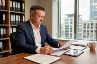 Conseiller financier analysant les rendements d'une SCPI sur des documents imprimés et une tablette dans un bureau professionnel