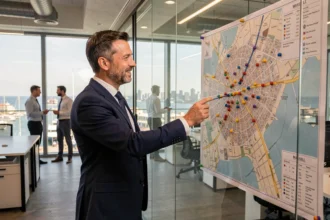 Un conseiller en investissement locatif présentant une carte de Marseille dans un bureau moderne avec vue sur le Vieux-Port