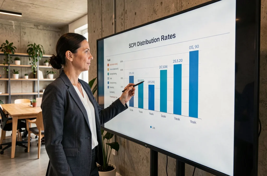Consultante en investissement immobilier présentant les critères de rendement d'une SCPI sur un écran interactif