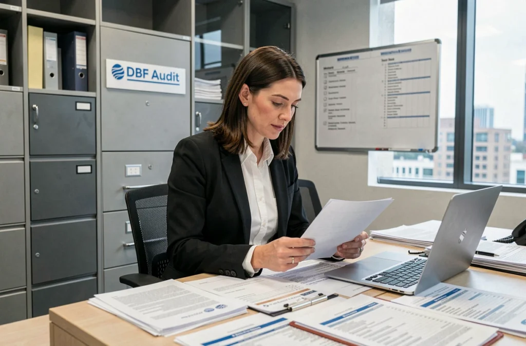 Une auditrice du cabinet DBF Audit examinant des rapports financiers dans ses bureaux professionnels des Yvelines