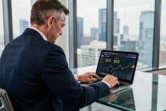 Un dirigeant d'entreprise analyse des transactions en stablecoins sur un ordinateur portable dans un bureau moderne avec vue sur la ville