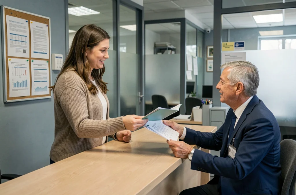 Entretien RH dans un bureau administratif, discussion sur la convention collective et le salaire SMIC
