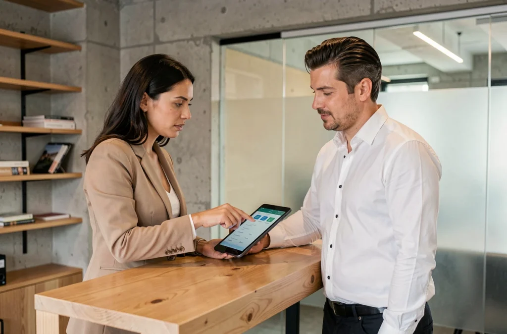 Deux professionnels discutent d'une solution de paiement international en stablecoin sur une tablette dans un espace de coworking