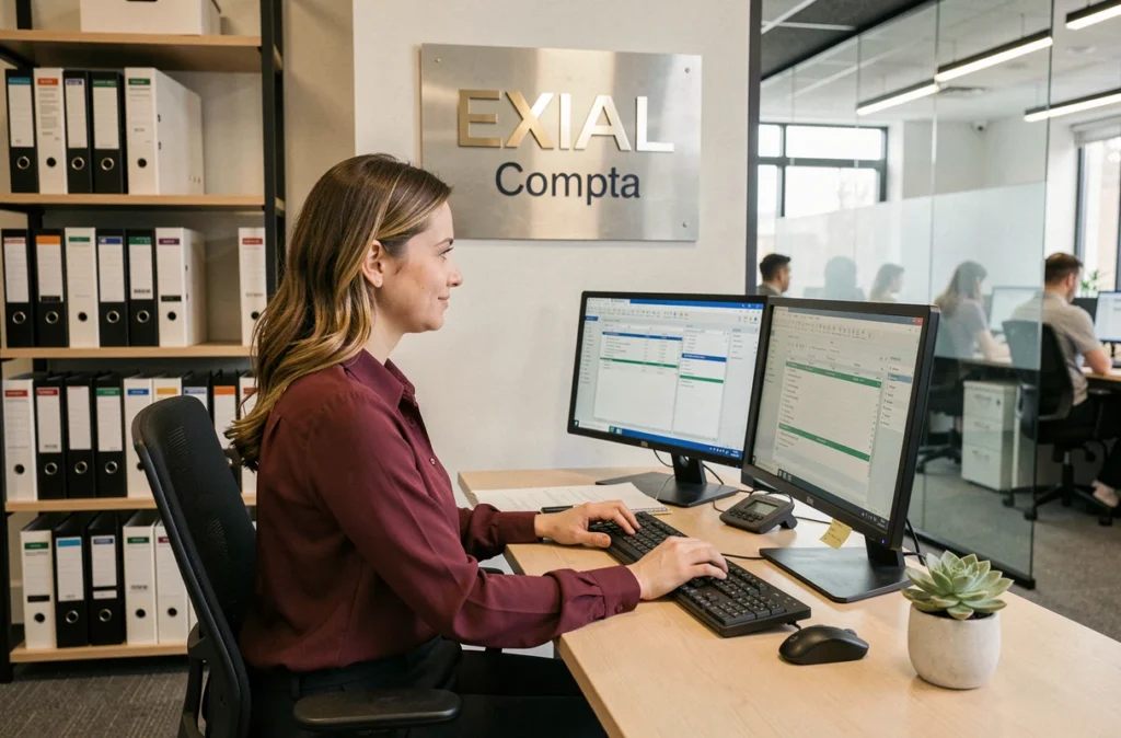 Une professionnelle du cabinet EXIAL Compta travaillant sur un logiciel de comptabilité dans son bureau des Yvelines