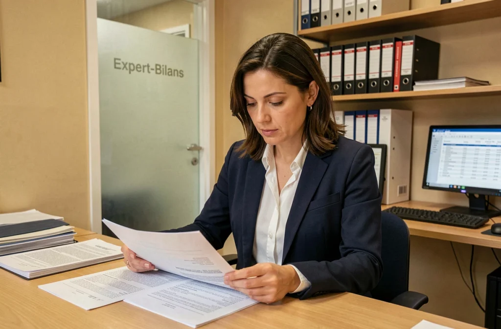 Une comptable du cabinet Expert-Bilans analysant des rapports financiers dans son bureau professionnel à Versailles