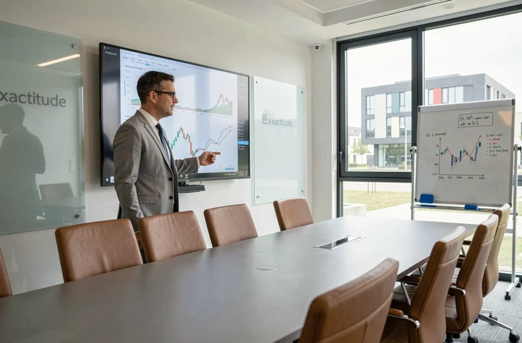 Un expert-comptable du cabinet Exxactitude présentant une analyse financière dans une salle de réunion moderne