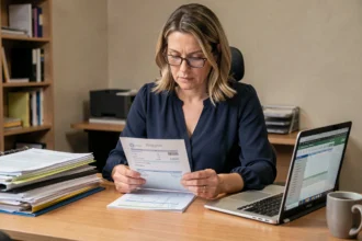 Femme de bureau examinant une fiche de paie au travail, calcul salaire SMIC 25 heures