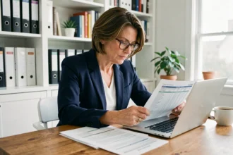 Femme consultant des documents fiscaux sur une SCPI à son bureau à domicile