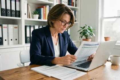 Femme consultant des documents fiscaux sur une SCPI à son bureau à domicile