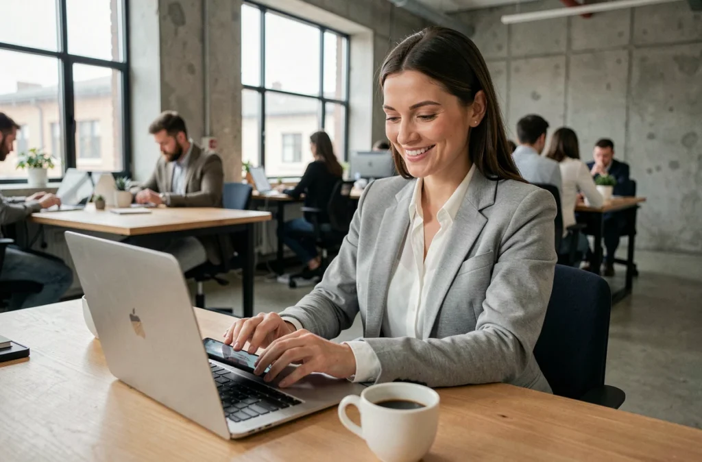 Femme investisseuse gérant son portefeuille de staking crypto dans un espace de coworking moderne