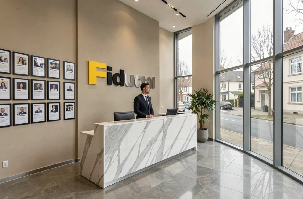 Le hall d'accueil professionnel et moderne du cabinet Fiducial dans les Yvelines avec son identité visuelle distinctive