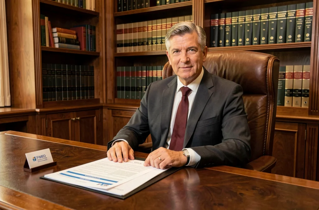 Un conseiller de Fimeo Gestion Privée dans un bureau prestigious avec des rapports de gestion de patrimoine sur son bureau