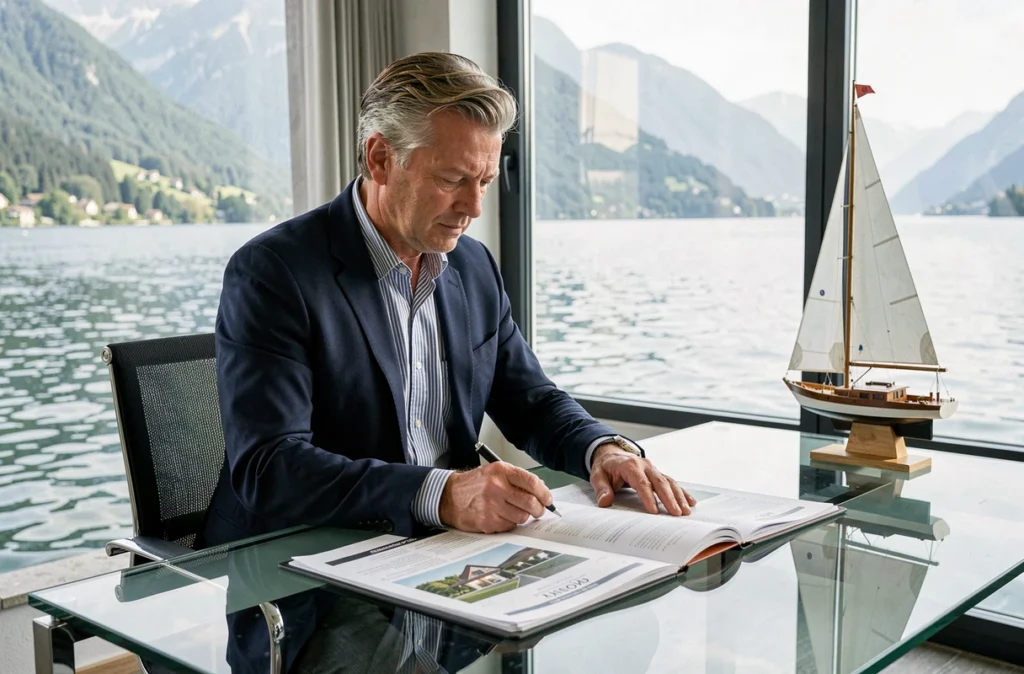 Conseiller First Marin étudiant un dossier d'investissement immobilier avec vue sur un lac de Haute-Savoie