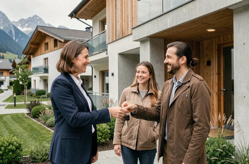 Agente de Fontanel Immobilier remettant les clés d'un appartement alpin à un couple de nouveaux propriétaires