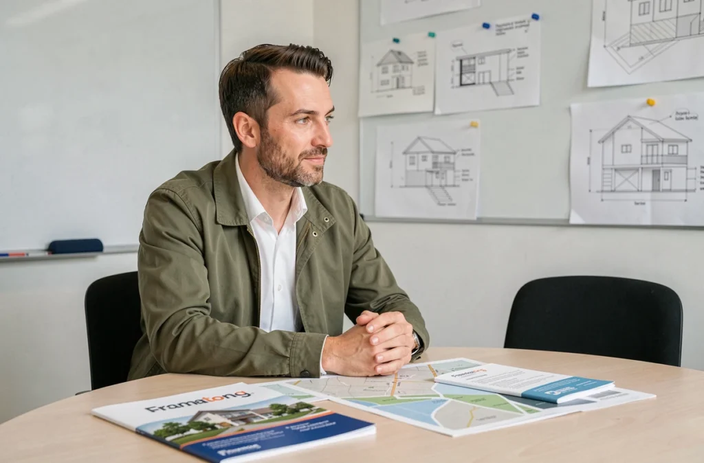 Un conseiller Framatong présentant des cartes d'investissement immobilier dans un bureau moderne et créatif