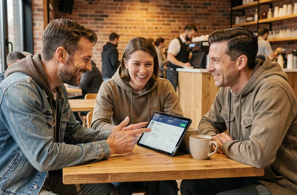 Groupe d'investisseurs particuliers discutant du staking de cryptomonnaies autour d'une tablette dans un café