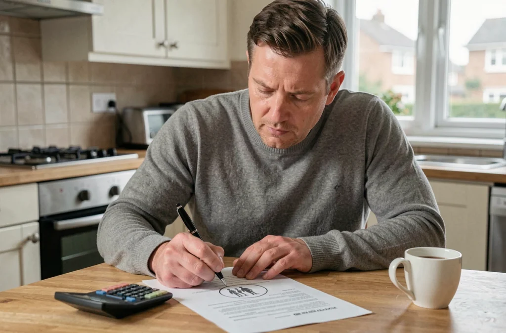 Homme à la maison consultant un contrat de travail et calculant son salaire net partiel