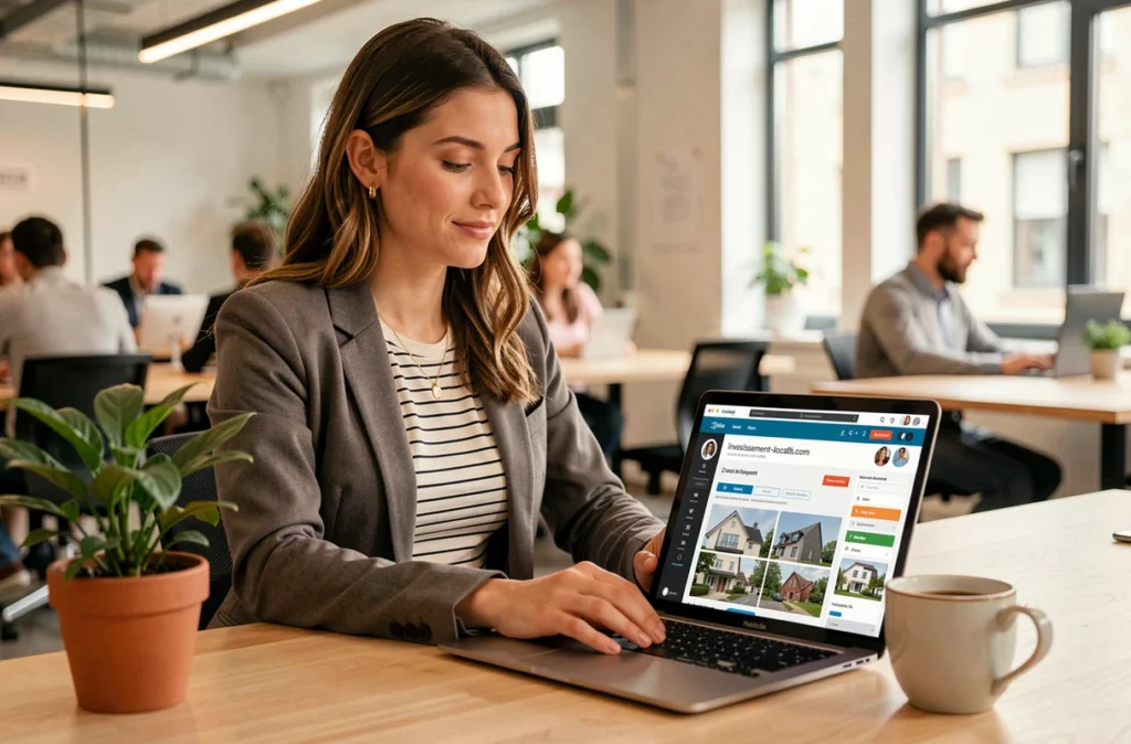 Une professionnelle utilisant la plateforme Investissement-Locatif.com sur un ordinateur portable dans un espace de co-working moderne