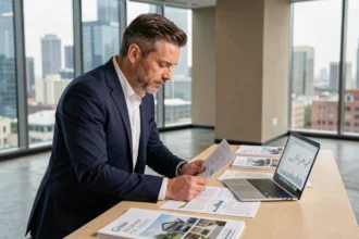 Homme d'affaires analysant des documents d'investissement en SCPI dans un bureau moderne avec vue sur la ville