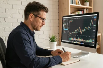 Investisseur particulier analysant des graphiques de staking de cryptomonnaies sur son ordinateur à domicile
