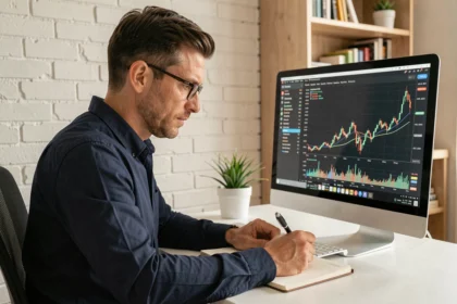 Investisseur particulier analysant des graphiques de staking de cryptomonnaies sur son ordinateur à domicile