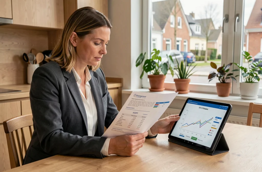 Investisseuse particulière consultant ses relevés de placement SCPI immobilier à domicile sur tablette