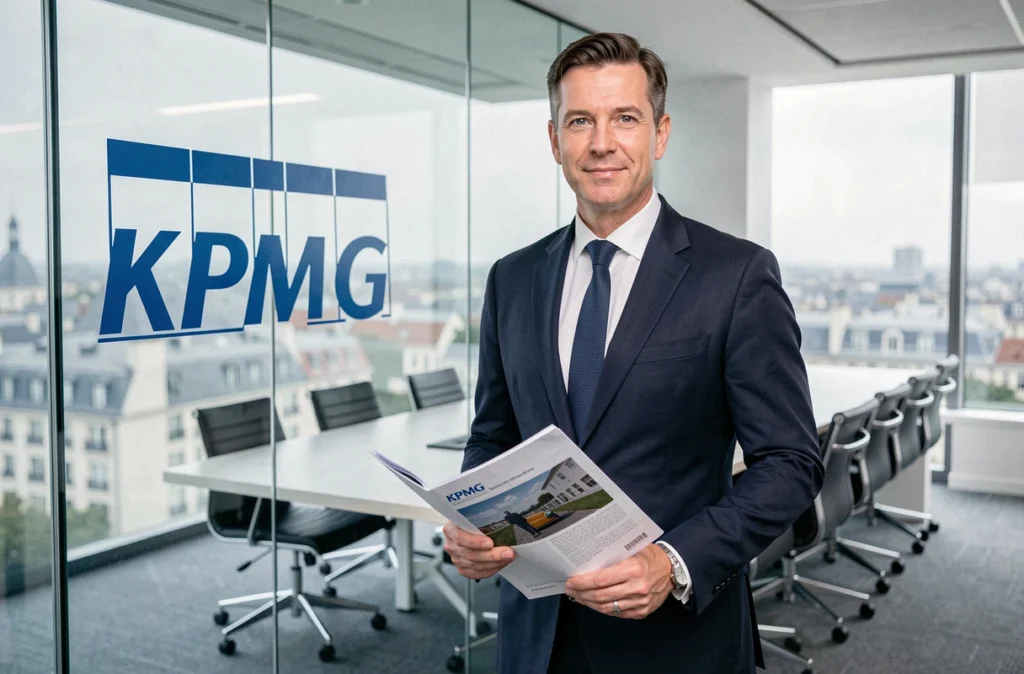 Un associé du cabinet KPMG posant devant le logo de l'entreprise dans leurs bureaux modernes desservant les Yvelines