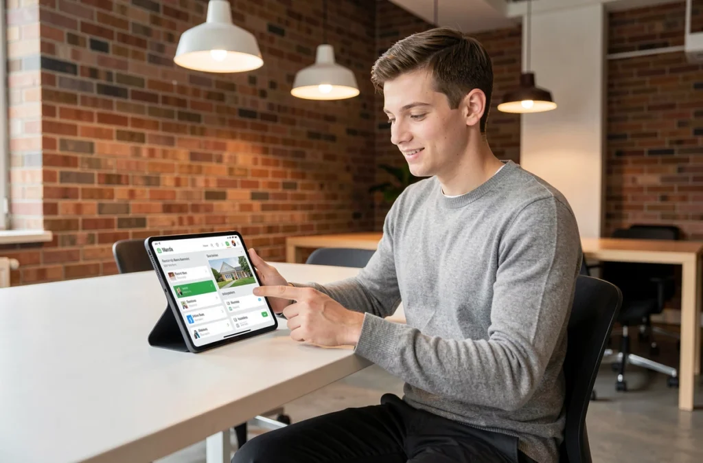 Un conseiller Manda présentant l'interface de gestion locative sur une tablette dans un espace de travail moderne