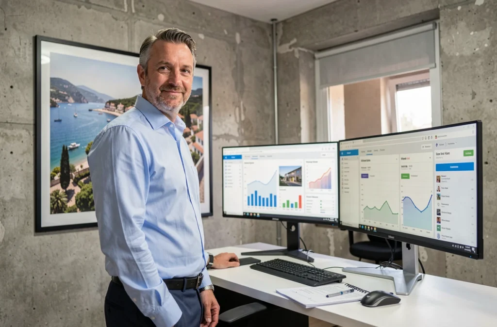 Un conseiller de Massalia Finance debout devant des tableaux de bord immobiliers dans un bureau contemporain à Marseille