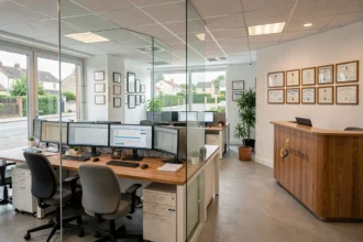 Vue d'ensemble d'un cabinet comptable moderne dans les Yvelines, avec des bureaux organisés et des cloisons en verre