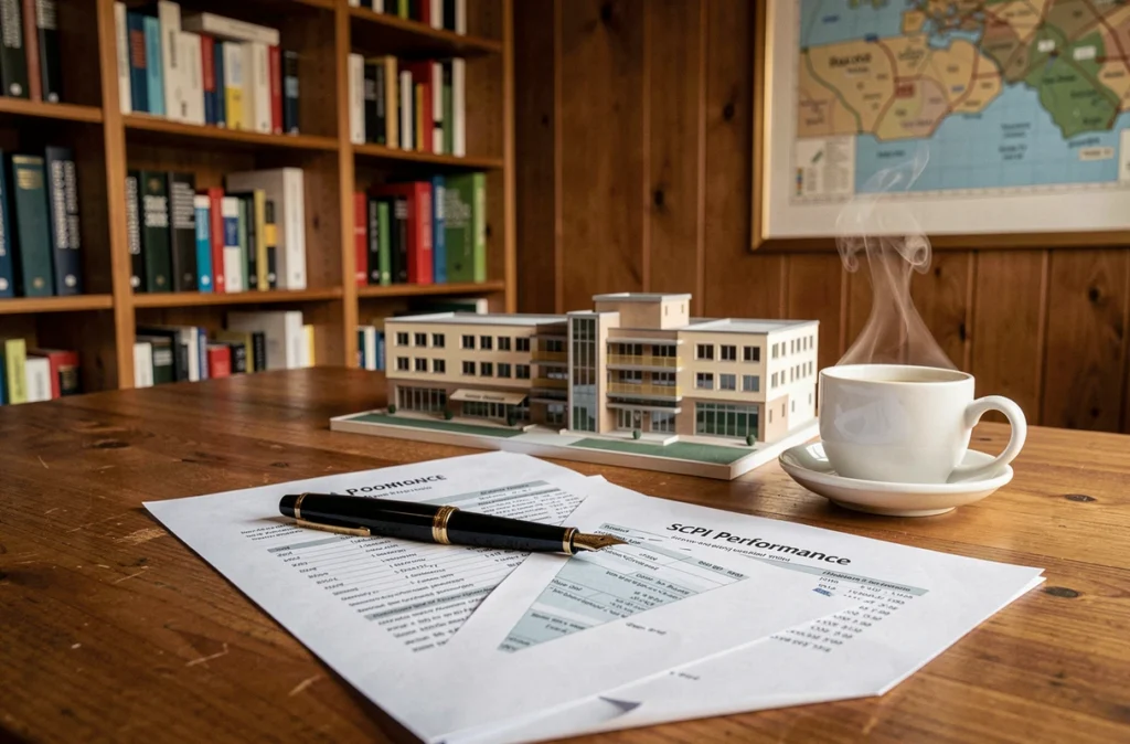Bureau avec rapport de performance SCPI Edissimmo, stylo plume et maquette architecturale pour illustrer l'investissement immobilier