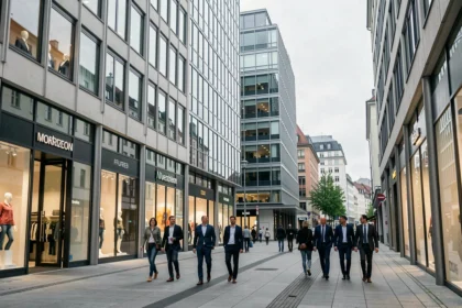Immeubles commerciaux modernes dans une rue piétonne allemande illustrant l'investissement immobilier SCPI en Allemagne