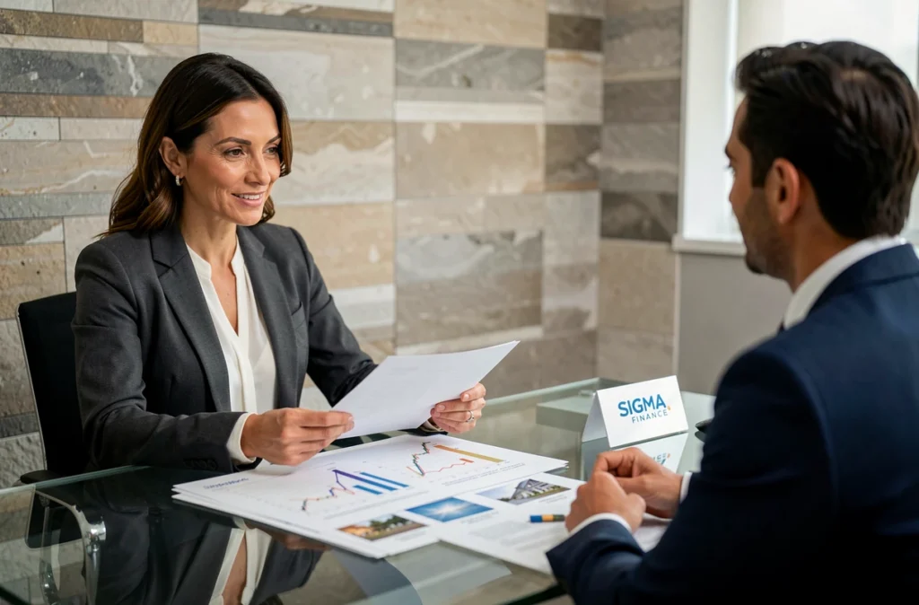 Une conseillère de Sigma Finance en réunion avec un client autour de documents financiers dans un bureau épuré