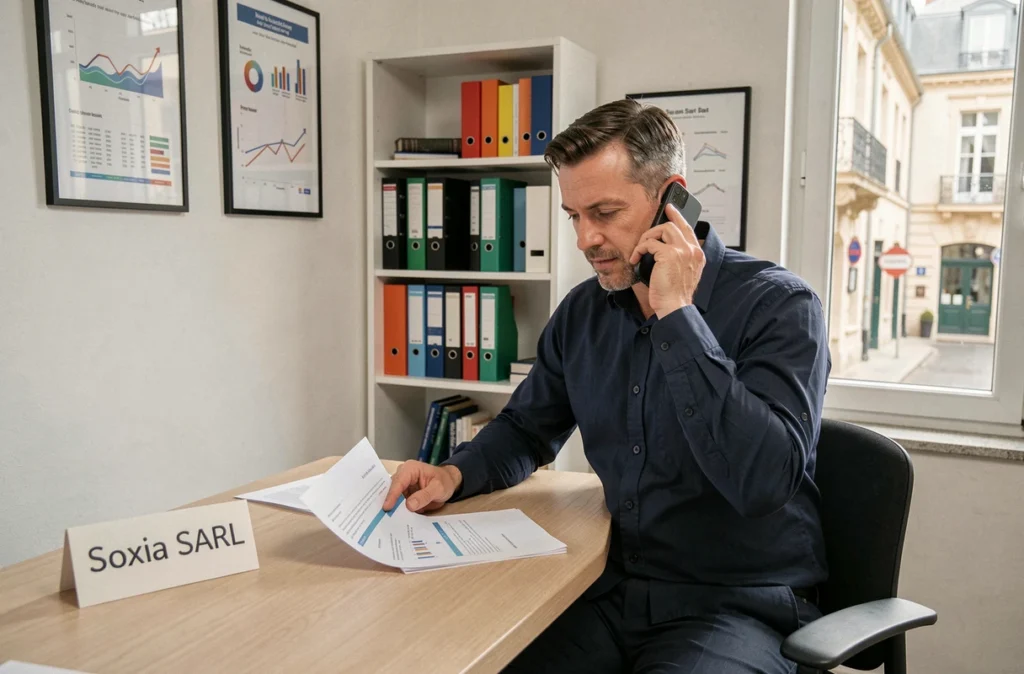 Un comptable de Soxia SARL gérant un dossier client dans son bureau des Yvelines