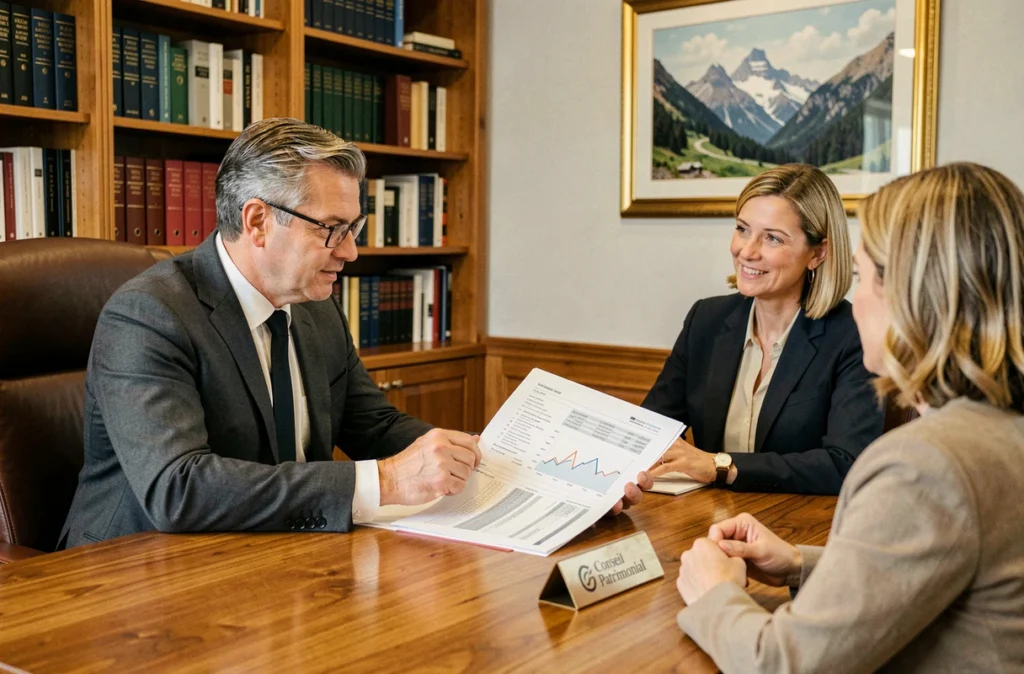 Steve Mauffrey conseiller patrimonial en réunion avec des clients dans son bureau élégant en Haute-Savoie