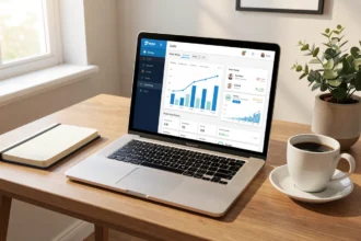 Bureau avec ordinateur portable, carnet et café pour gérer un crédit