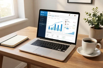 Bureau avec ordinateur portable, carnet et café pour gérer un crédit