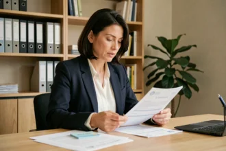 Femme consultant des documents d'épargne et un livret bancaire à son bureau à domicile, illustrant les changements de plafond du LDD en 2026