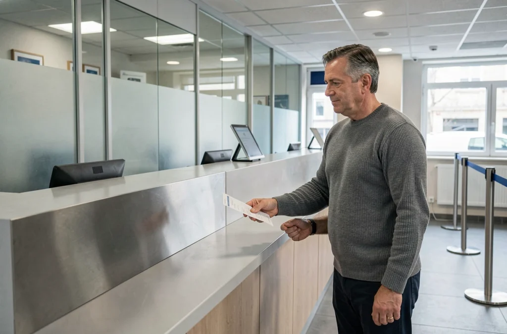 Homme remettant un formulaire à un conseiller bancaire dans une agence moderne, évoquant la gestion de son livret de développement durable suite aux nouvelles règles de plafond 2026