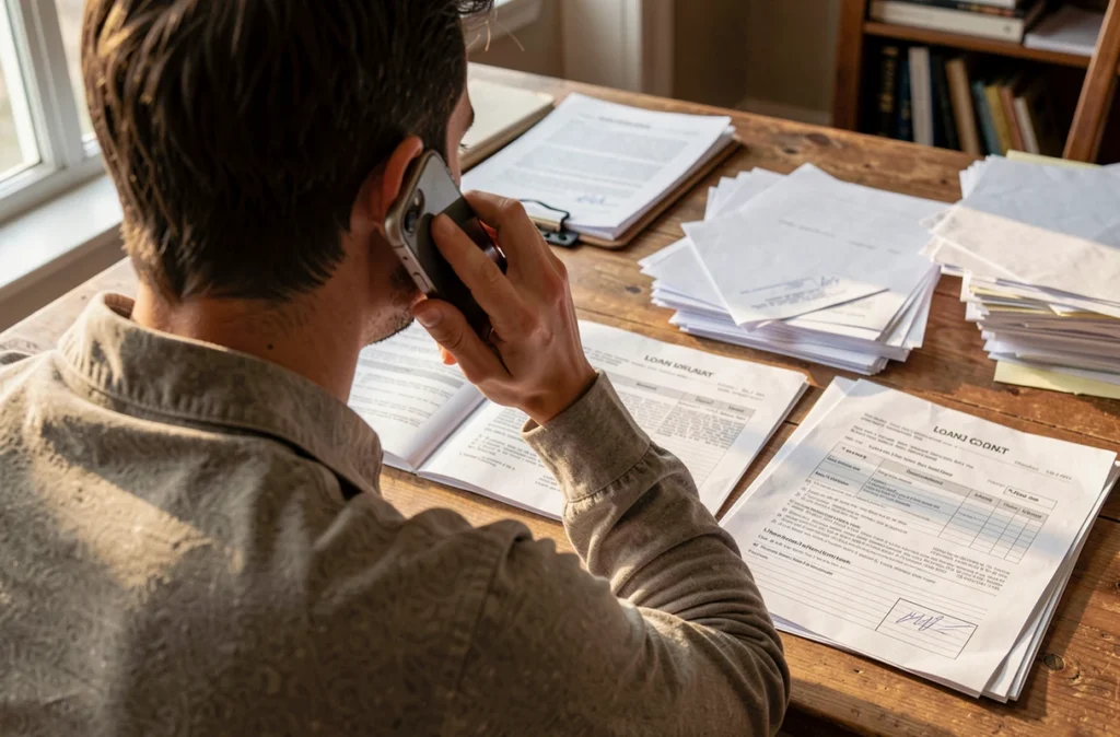 Personne au téléphone avec un dossier de crédit sur son bureau